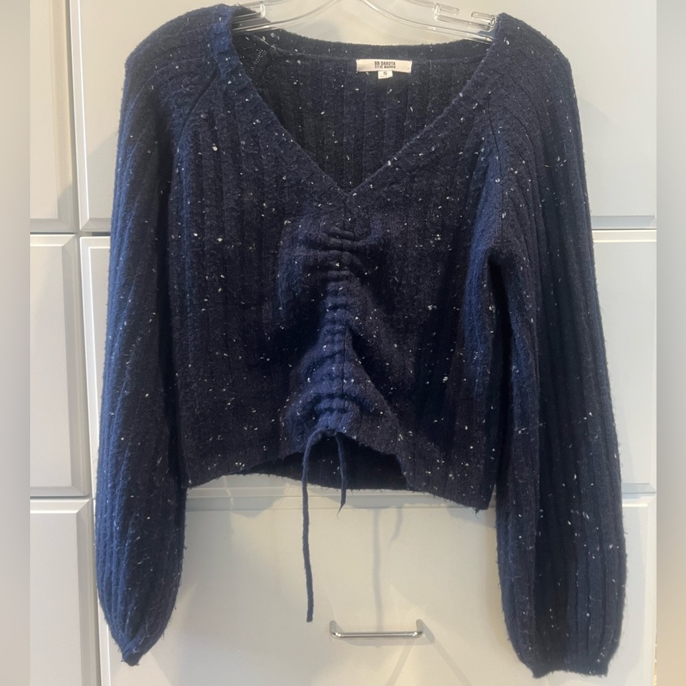 BB Dakota by Steve Madden Ruched Out Crop Sweater Size Small Navy Speckle